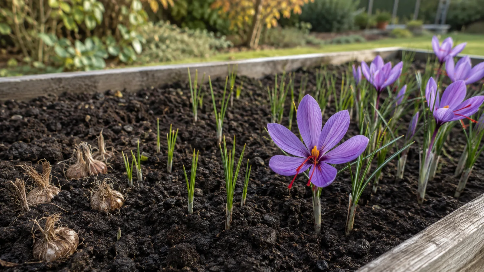 Saffron crocus growth from corms to autumn flowers