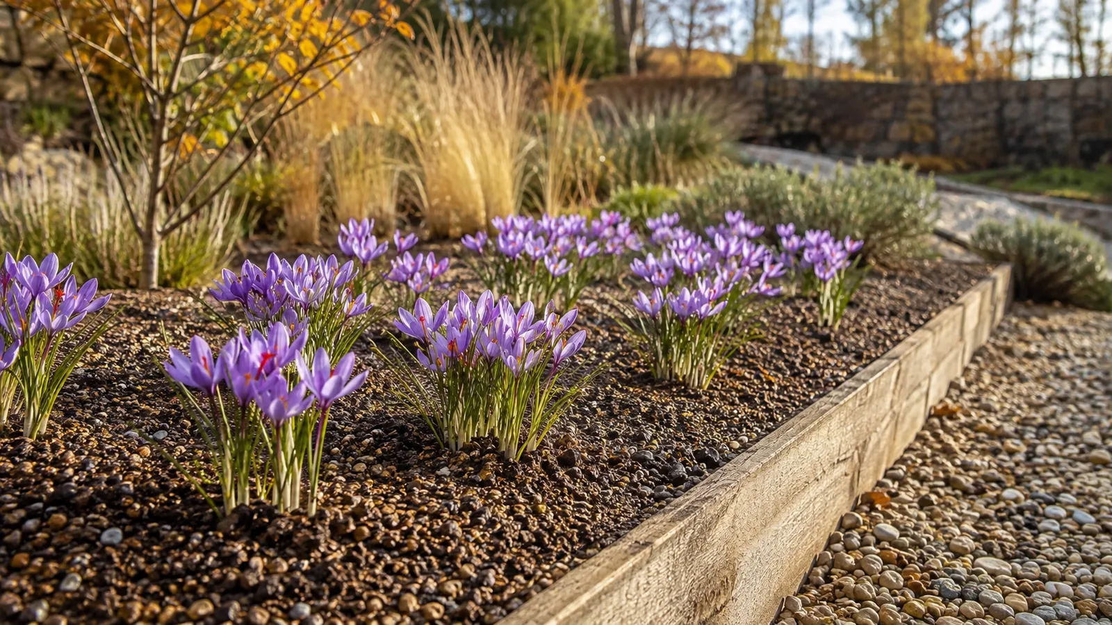 Saffron crocuses growing in a sunny well-drained raised bed