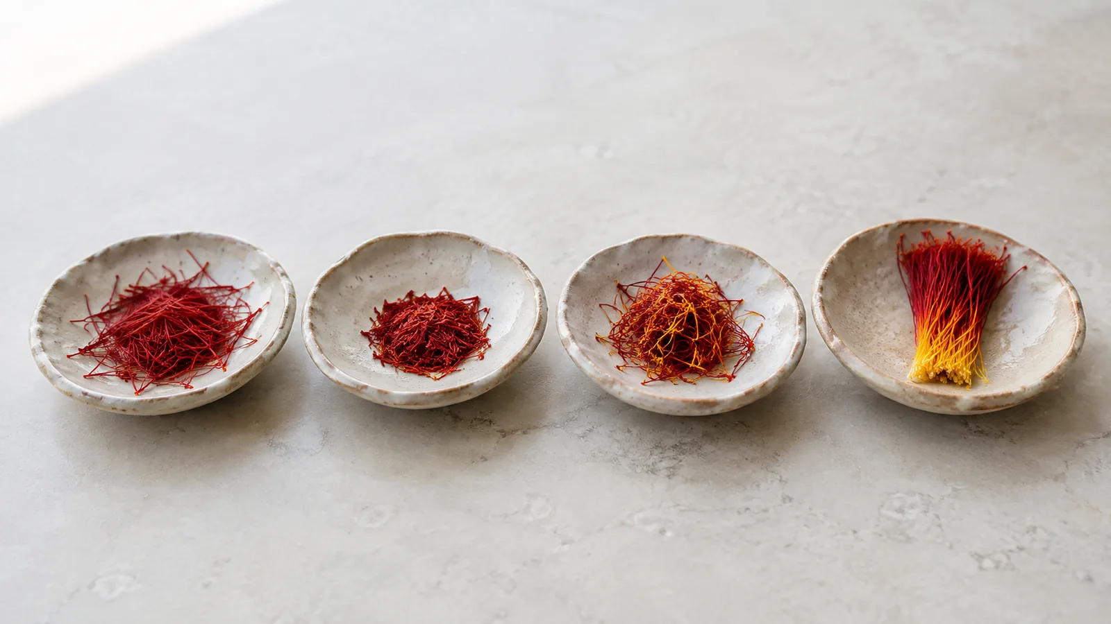 Four saffron grades from all-red threads to traditional bunch saffron