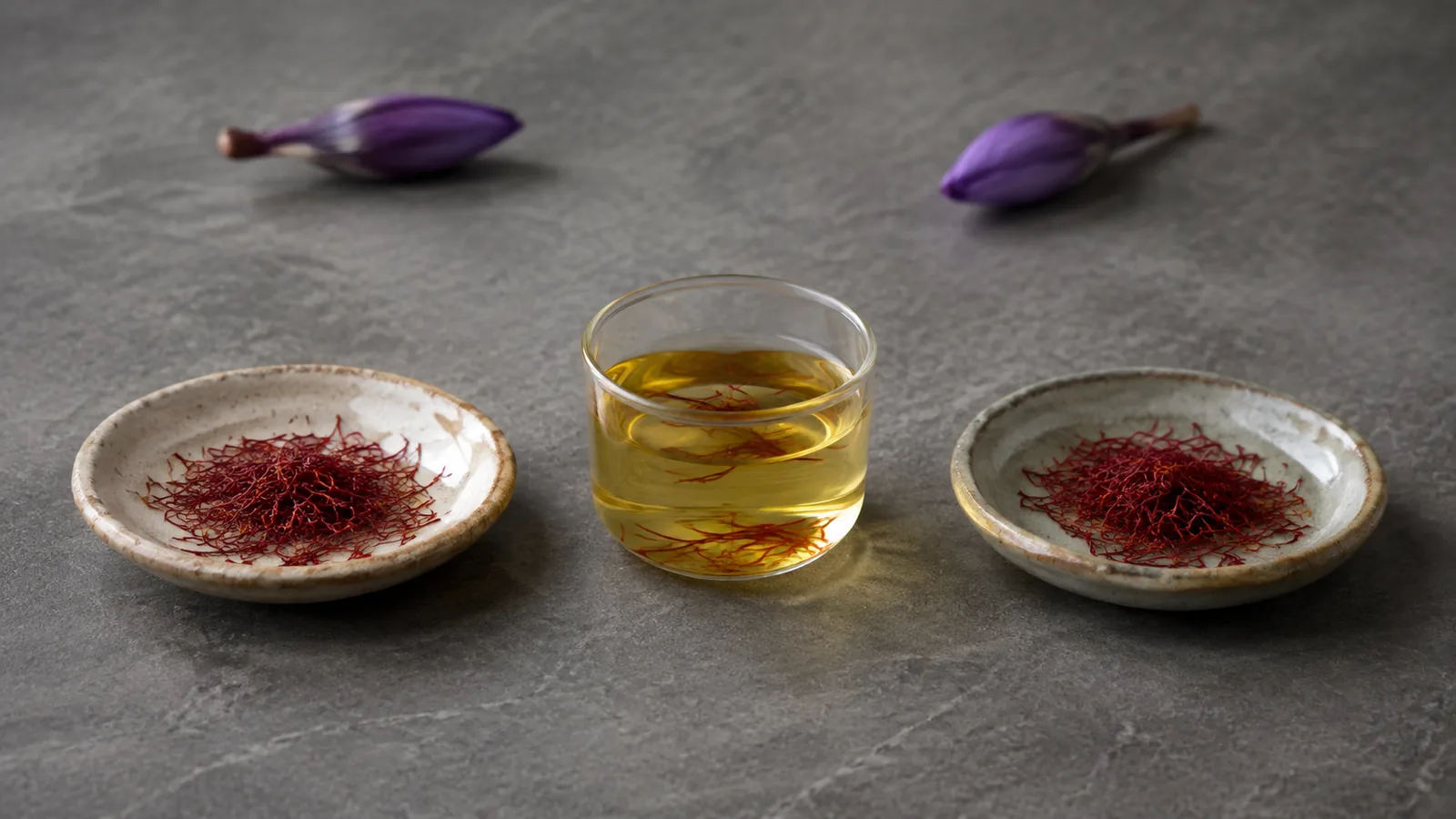 Equal Kashmiri and Iranian saffron samples with golden infusion