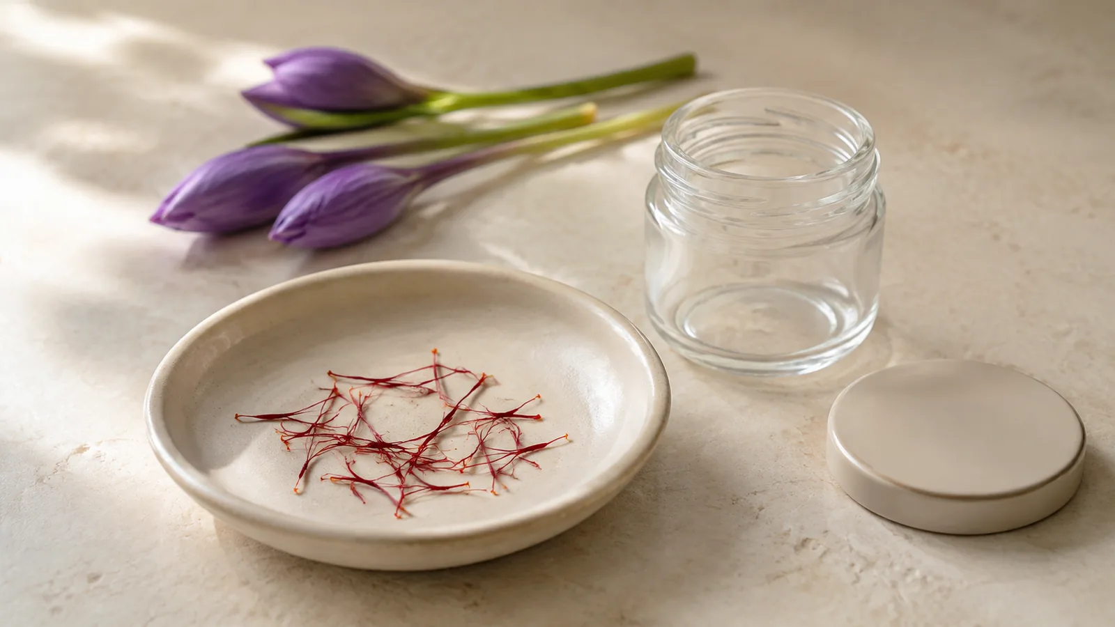 A small amount of Kashmiri saffron beside an empty glass jar and closed crocus buds