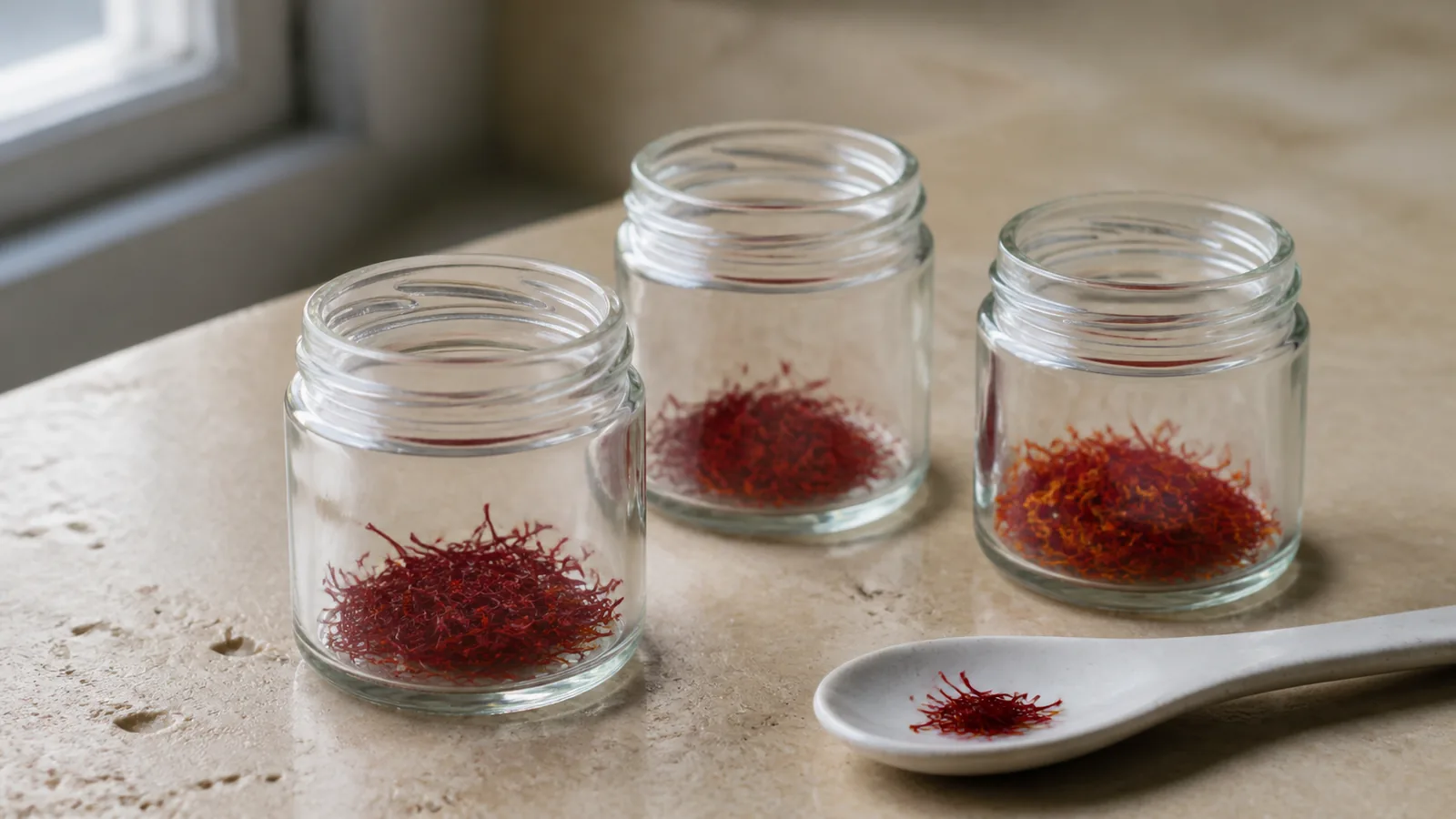 Three small jars showing different saffron thread presentations