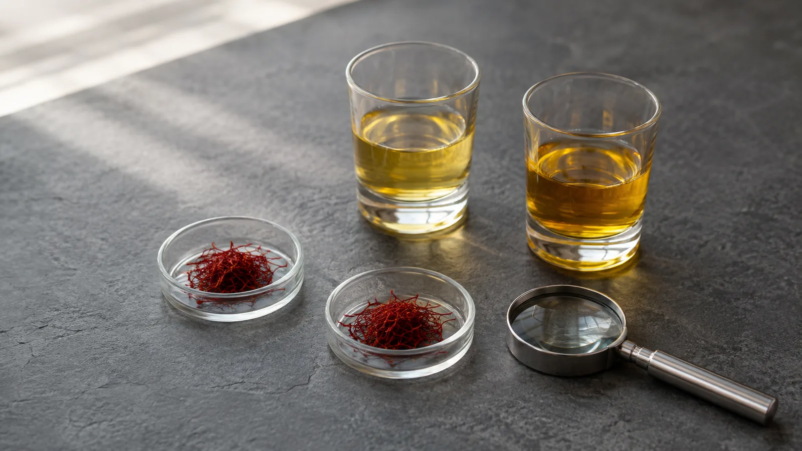 Two saffron thread samples compared with two golden saffron infusions