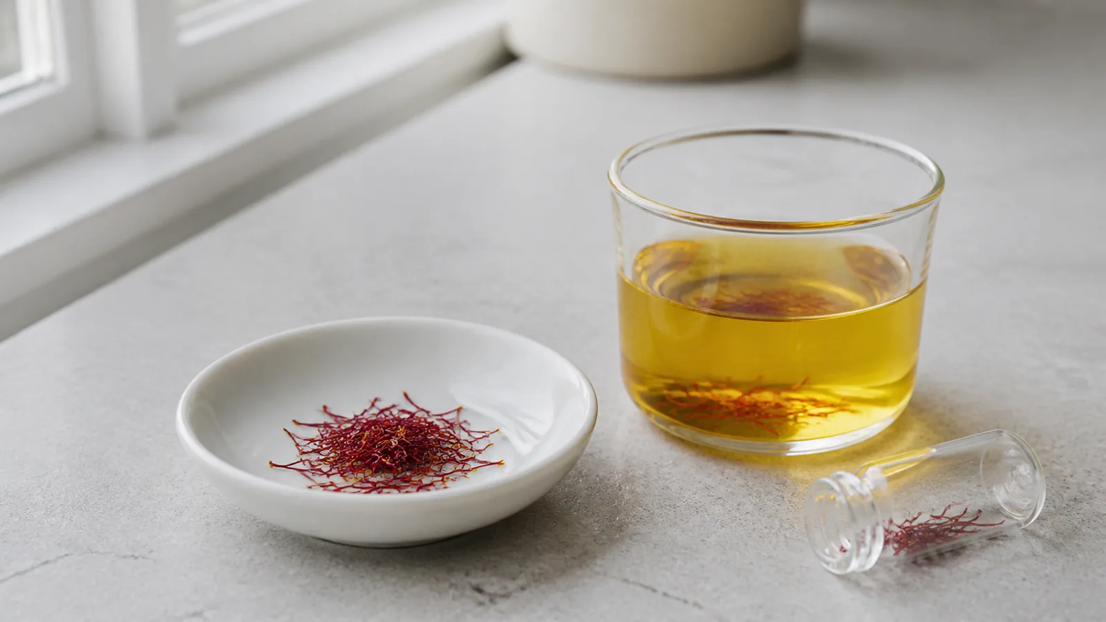 Saffron threads beside a clear golden infusion and a small glass vial