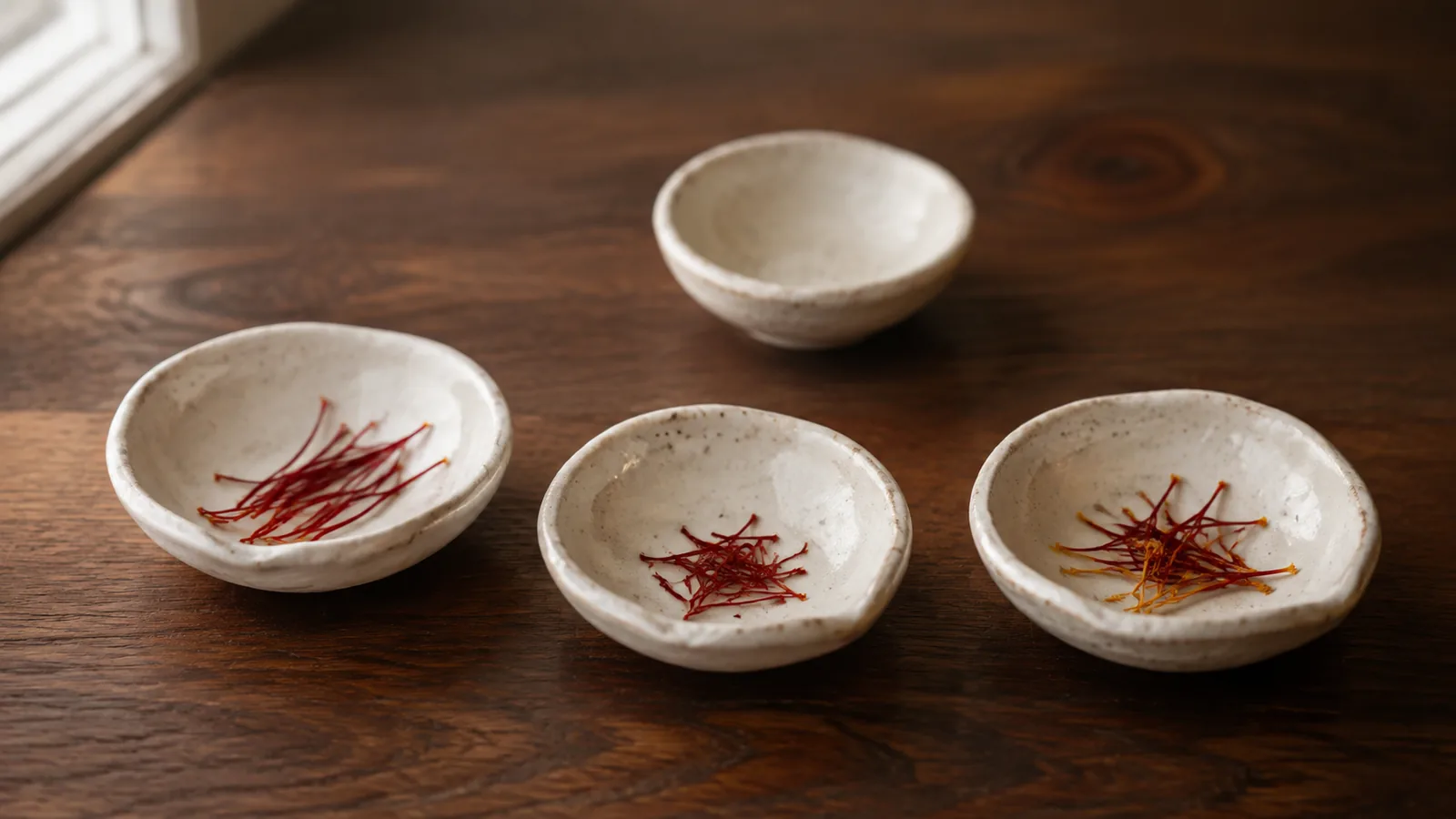 Three small bowls showing different saffron thread grades