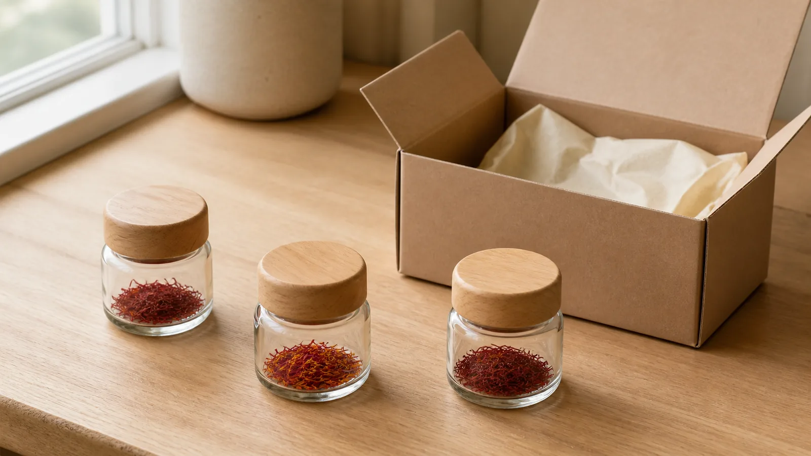 Three unlabelled saffron jars beside an open shipping box