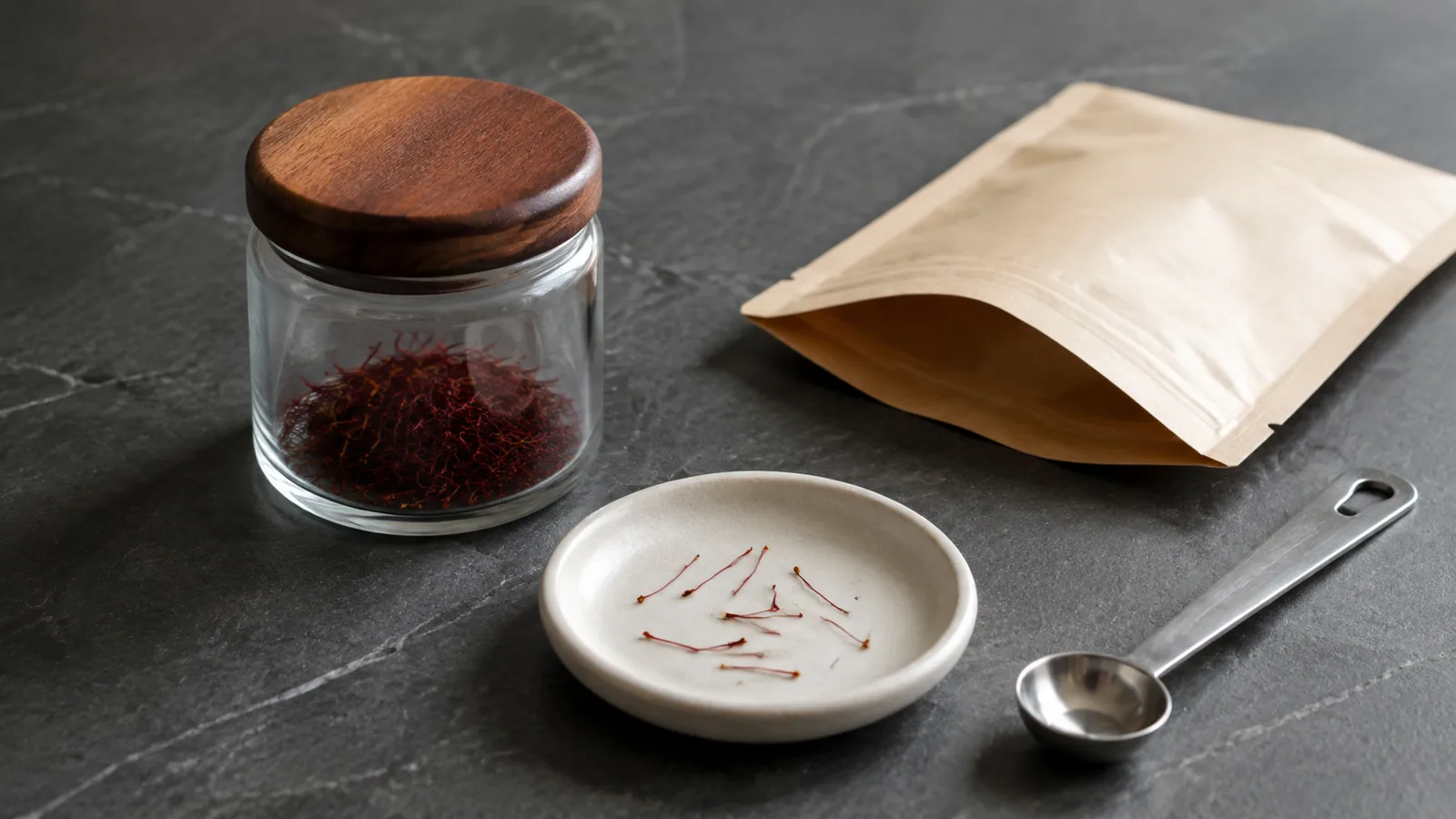 A saffron jar, blank pouch, sample threads and an empty measuring spoon