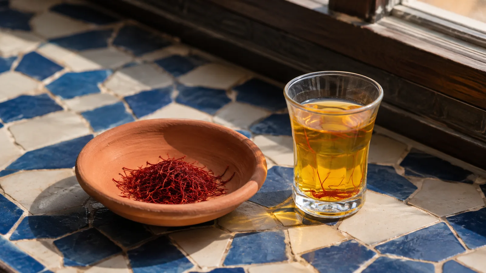 A small dish of Moroccan saffron beside a golden infusion on zellige tile