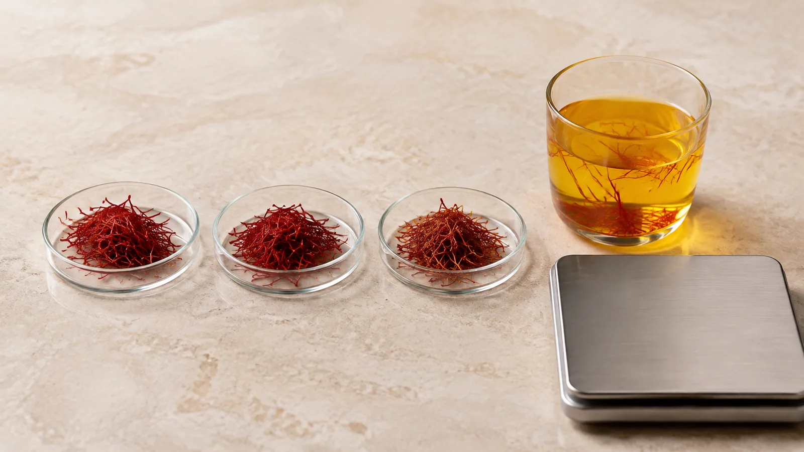 Three equal saffron samples beside a golden infusion and precision scale