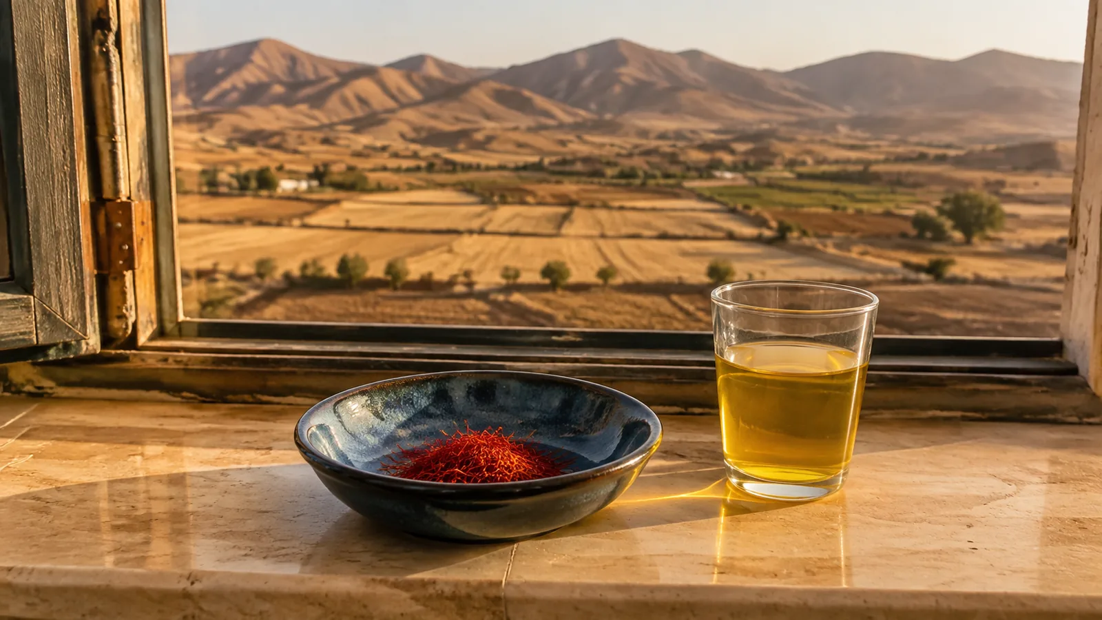 Afghan saffron and a golden infusion overlooking dry mountain farmland