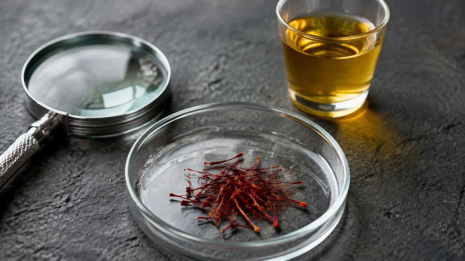 Iranian saffron threads inspected beside a golden infusion