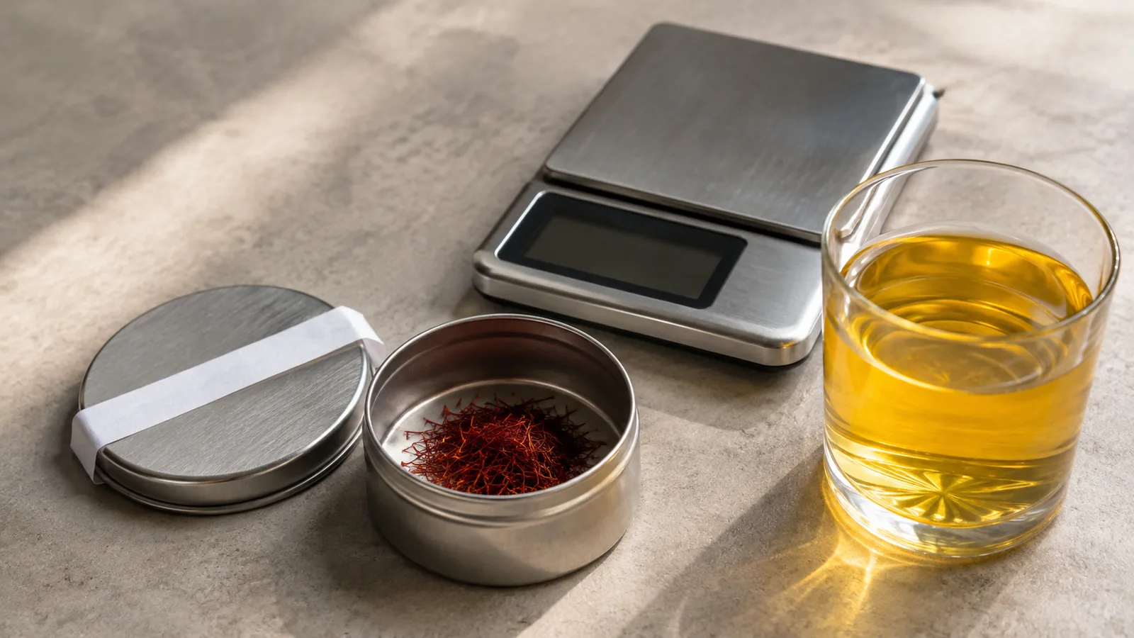 An unlabeled saffron tin beside a precision scale and golden infusion