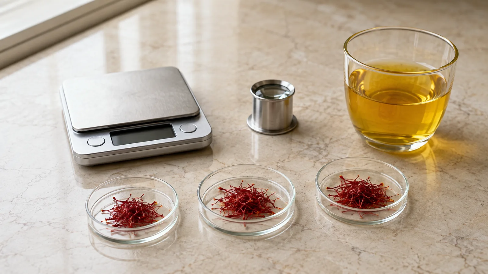 Three saffron thread samples beside a scale and golden infusion