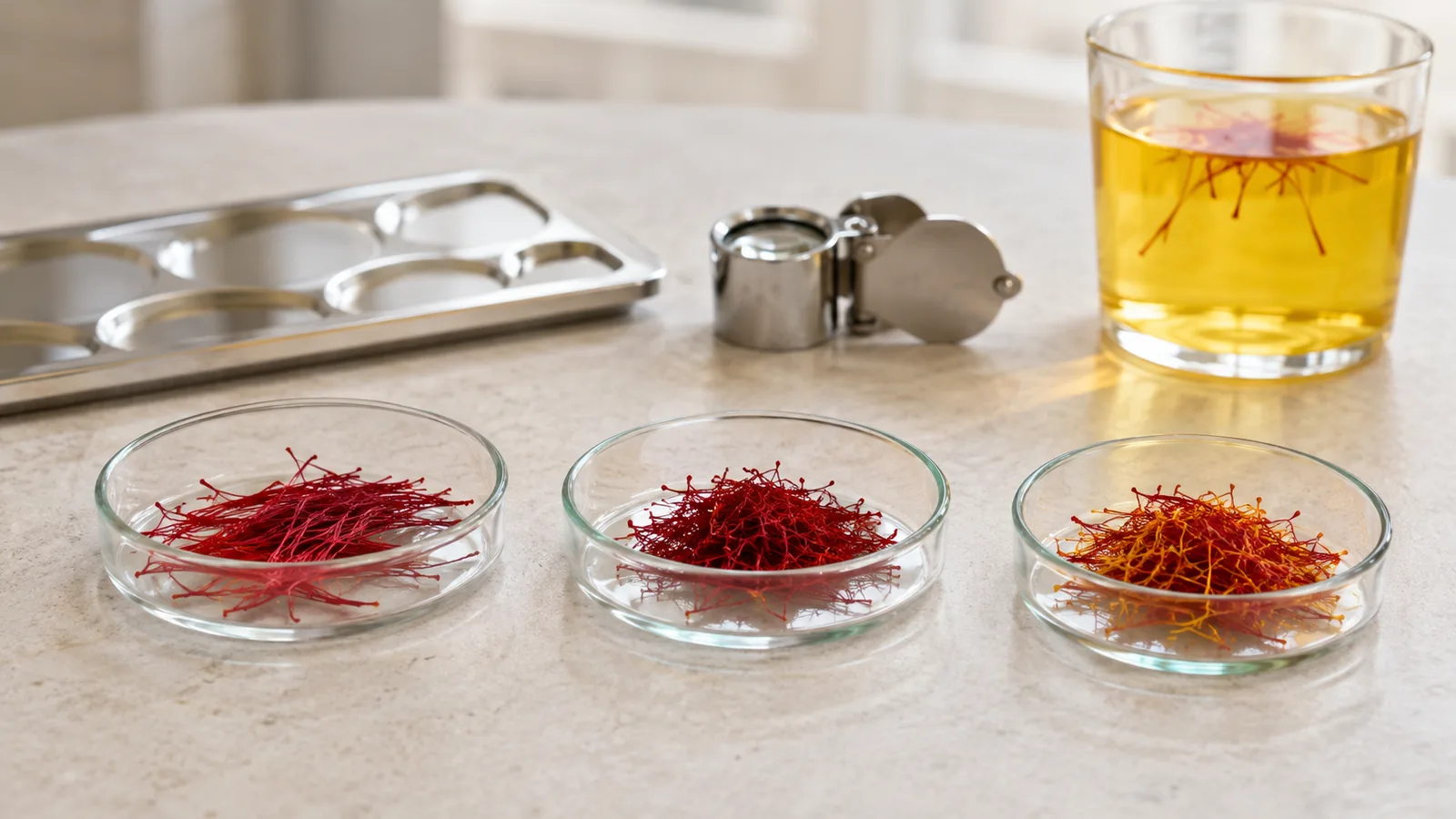 Three saffron thread grades compared beside a loupe and golden infusion