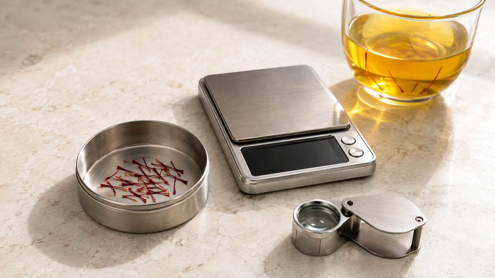 Saffron threads inspected beside a precision scale and loupe