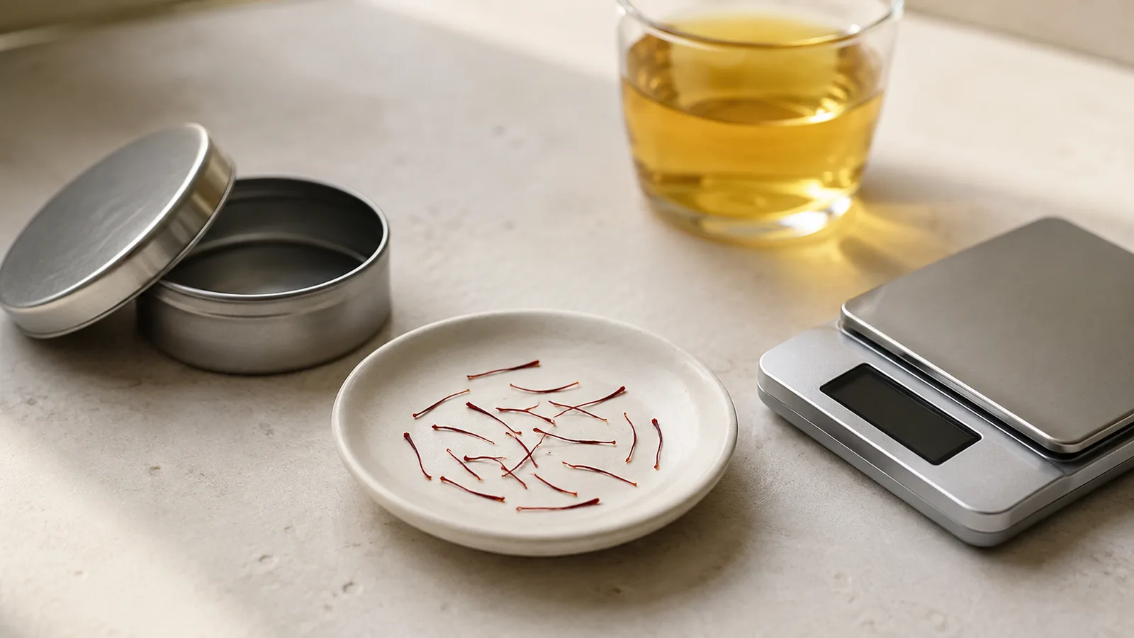 A small saffron thread sample beside a scale and golden infusion
