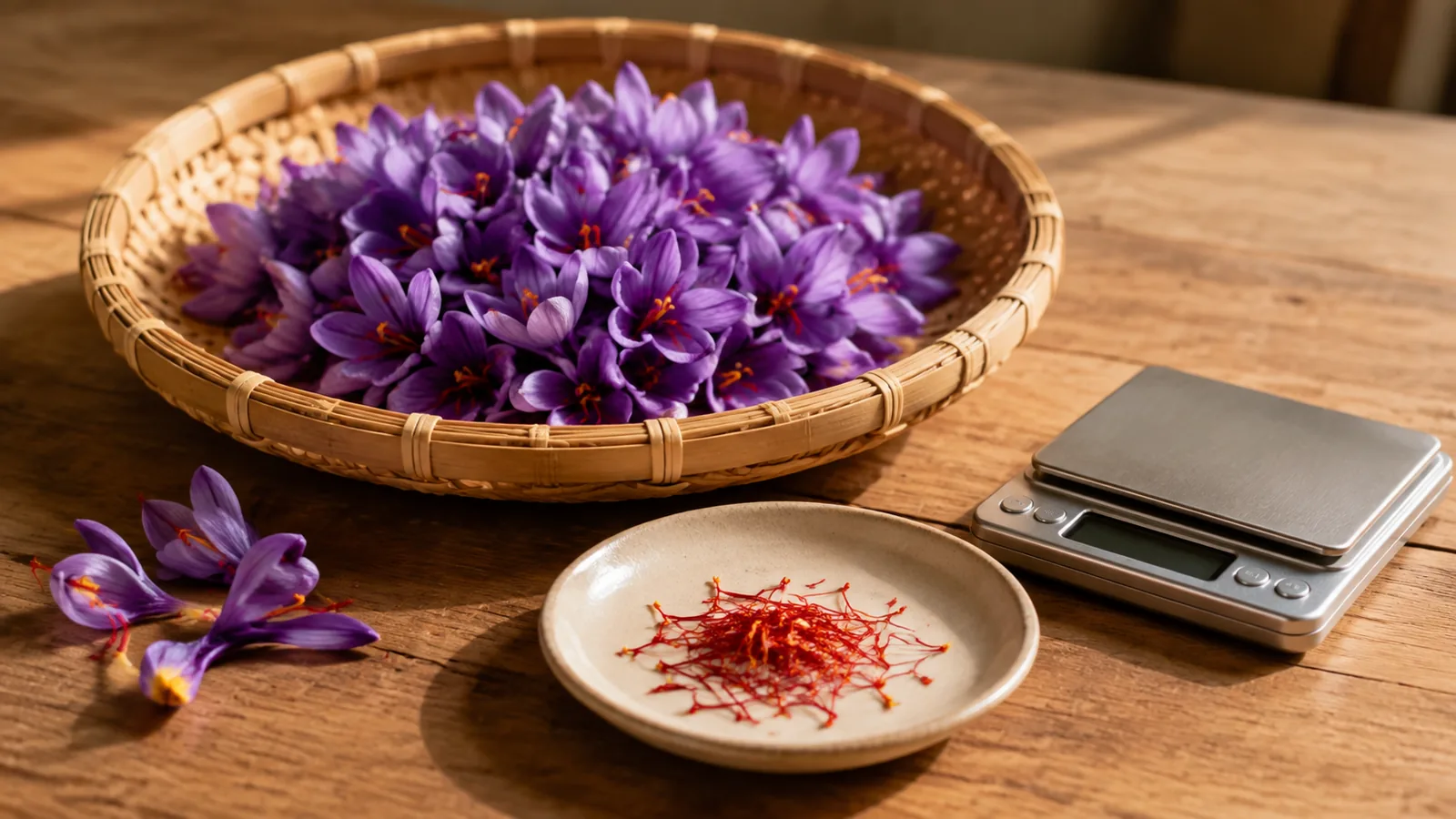 Harvested saffron crocuses beside separated stigmas and a scale