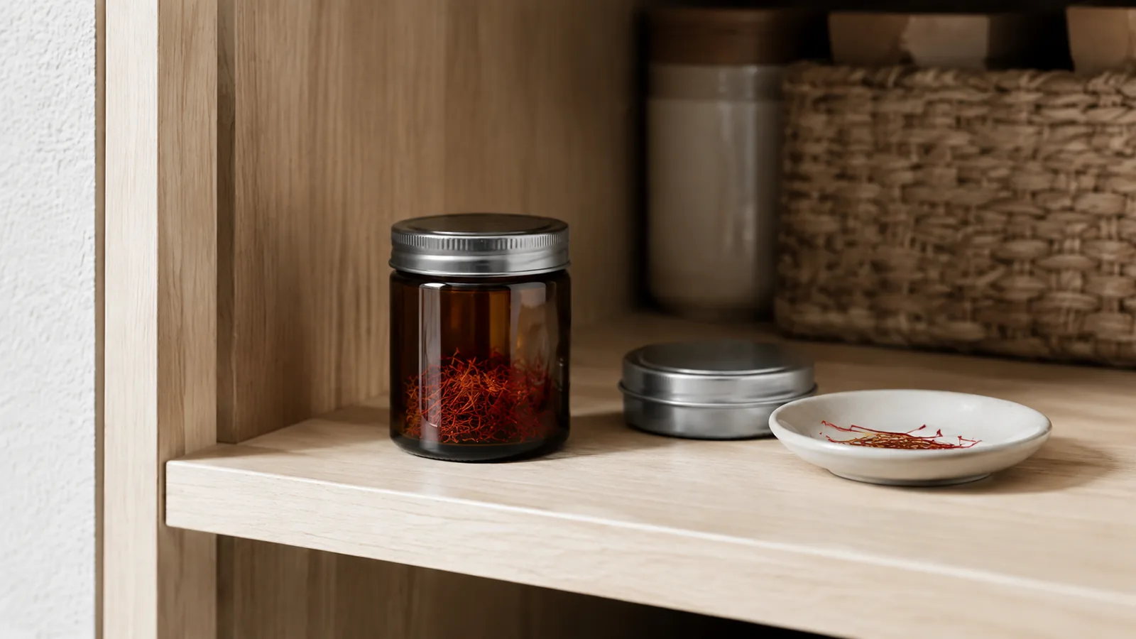 Saffron stored in a sealed amber jar inside a dry pantry