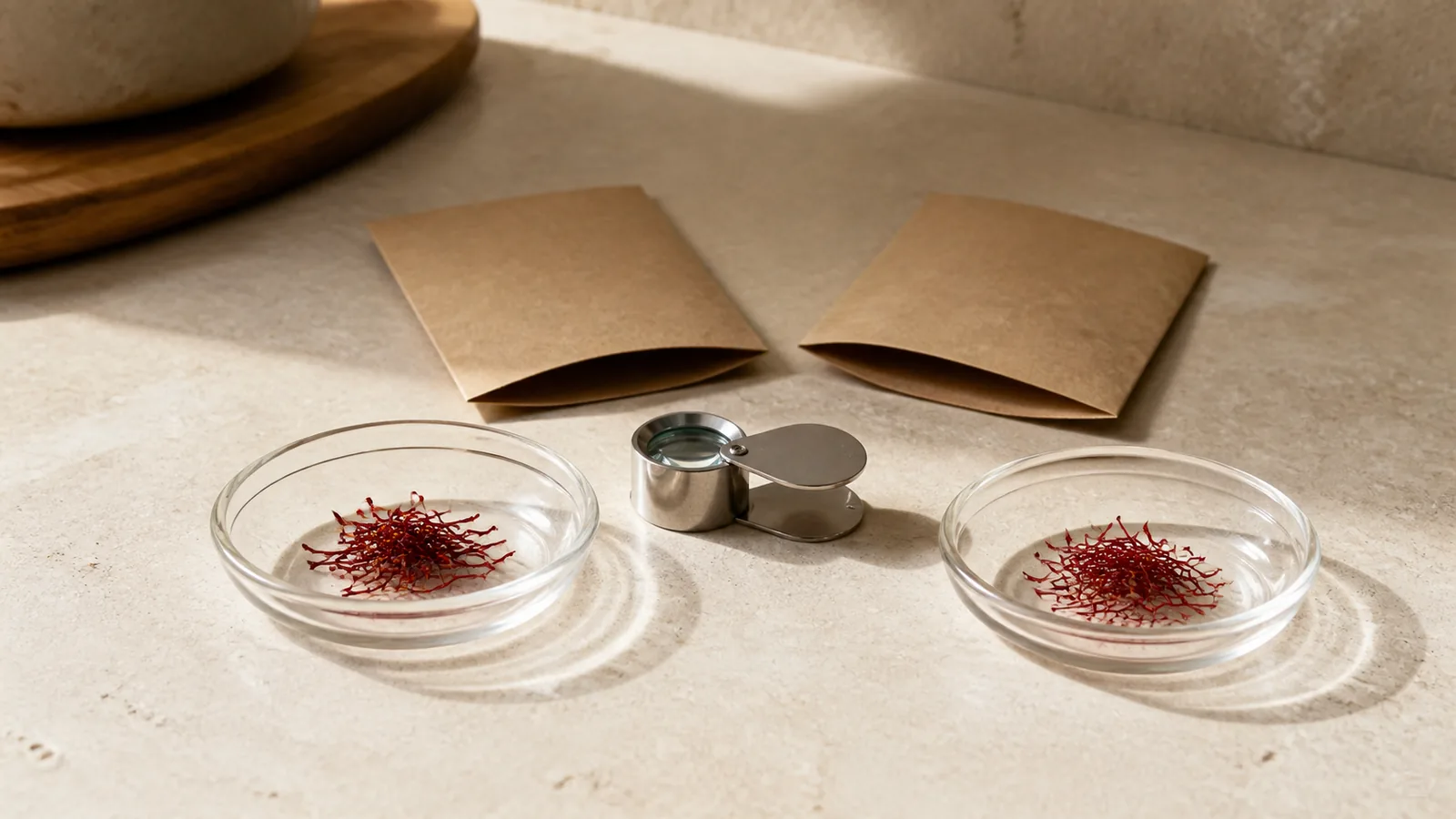 Two saffron samples compared beside a jeweller’s loupe