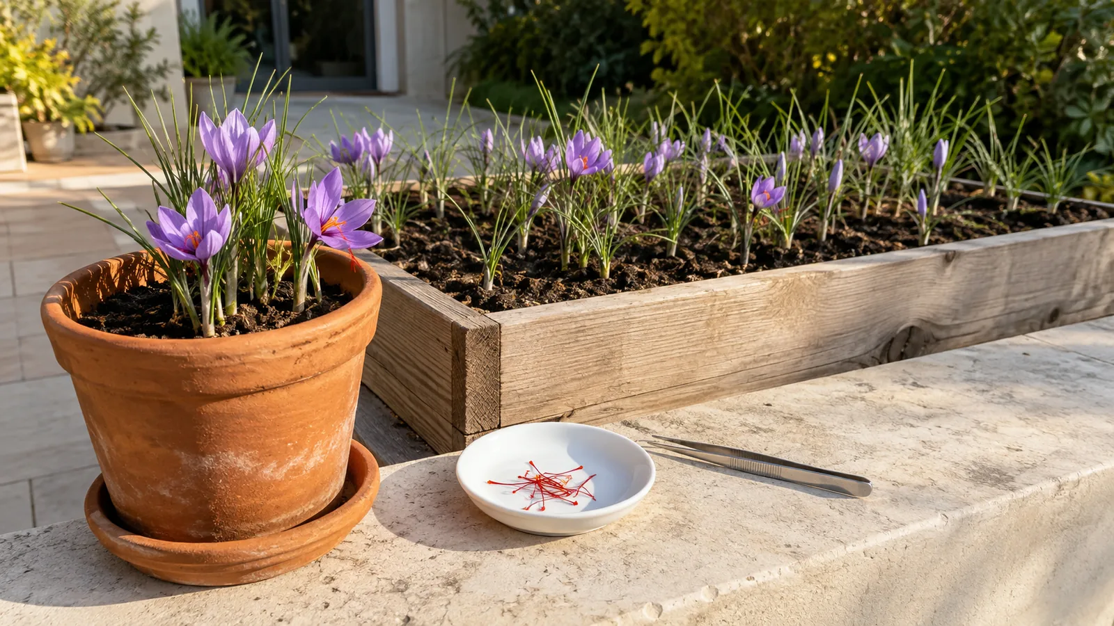 Saffron crocuses growing in a home raised bed and terracotta pot