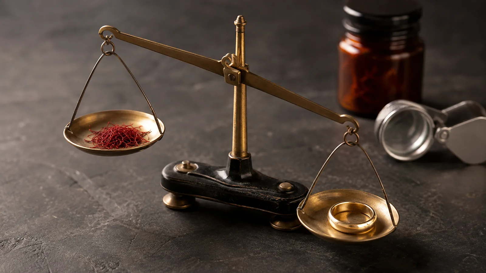 Saffron threads and a gold ring on a jeweller’s balance