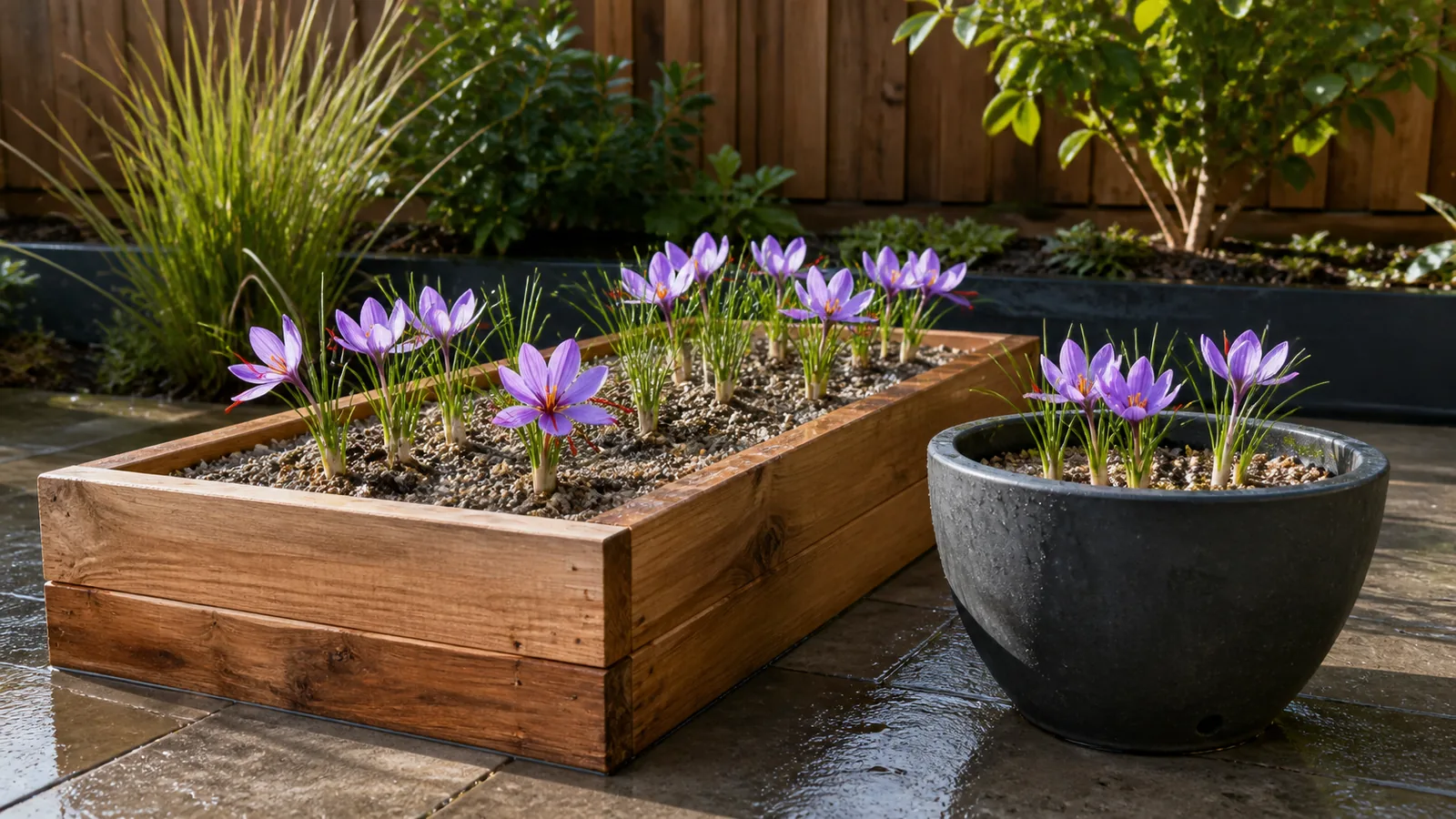 Saffron crocuses growing in a sunny raised bed with free-draining soil