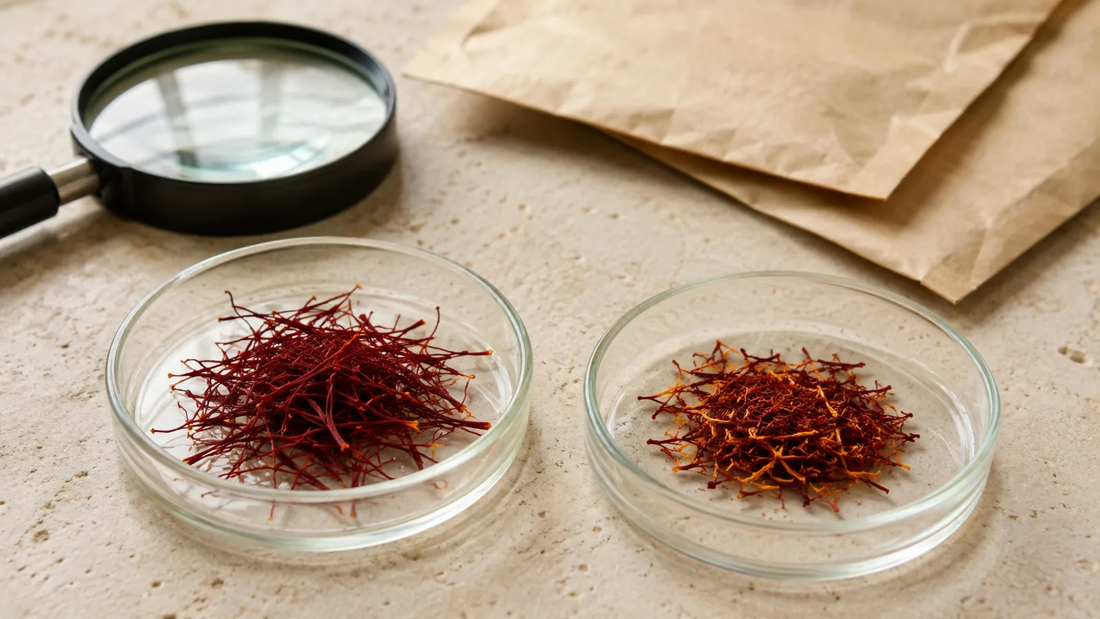 Two saffron samples showing different thread cuts and amounts of pale style