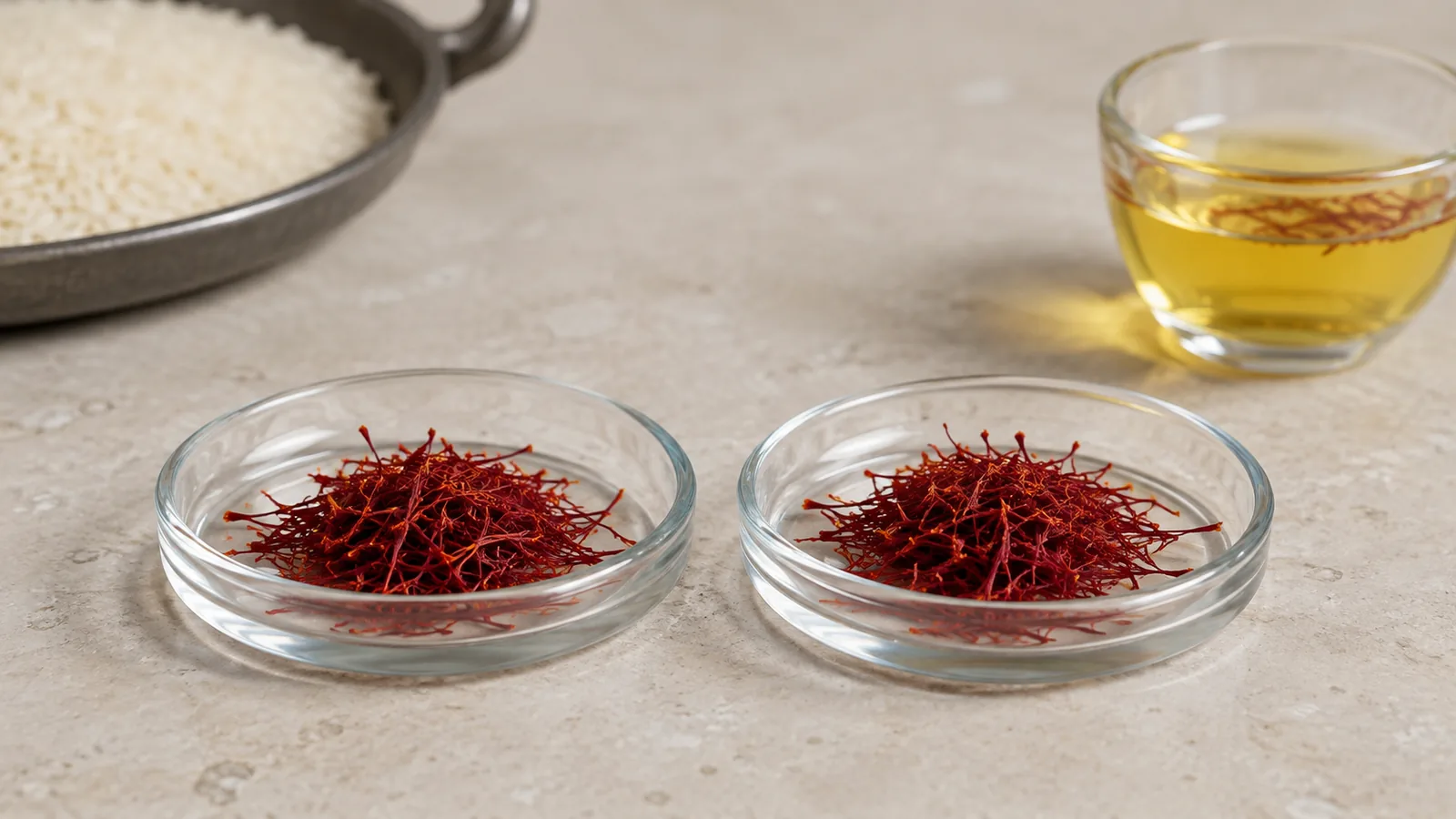 Two equal dishes of saffron threads compared beside rice and an infusion