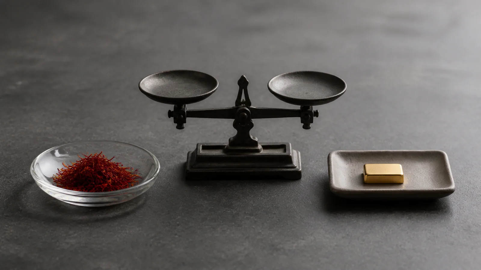 Saffron threads and a small gold bar beside a balance scale