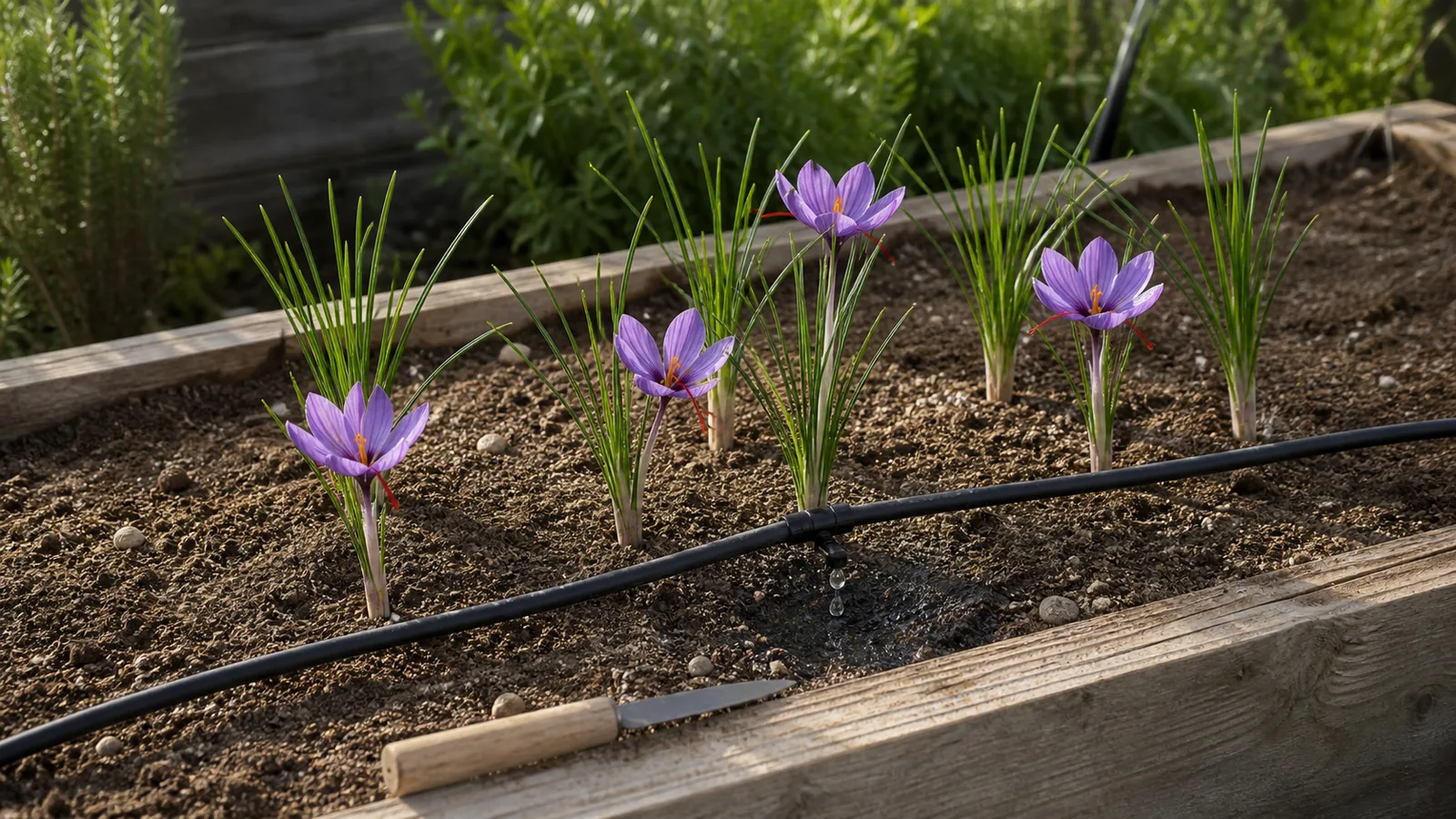 Low-flow drip irrigation watering the soil beside saffron crocuses