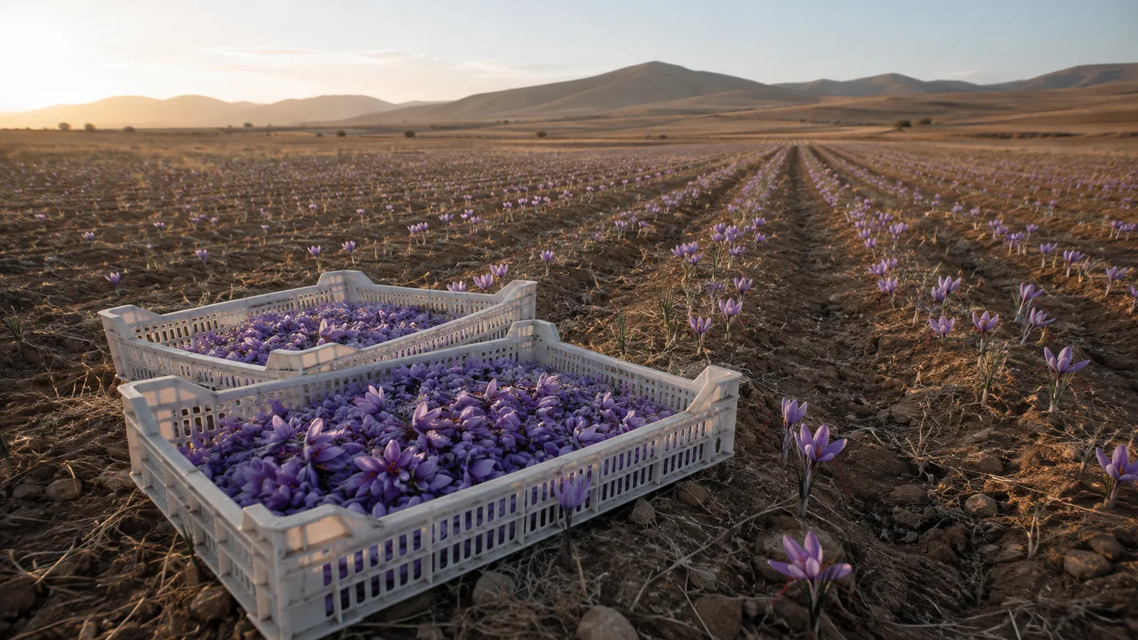 Saffron harvest trays in a large Iranian growing field