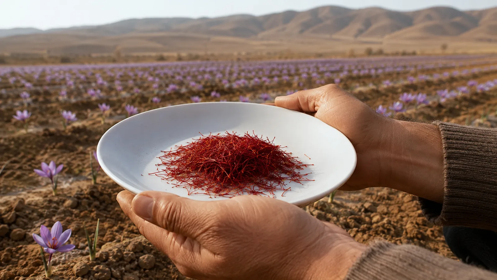 Hands inspecting red saffron threads beside a Khorasan field