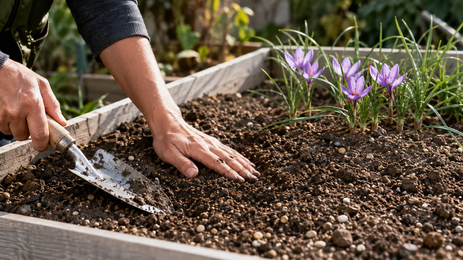 Gardener tending saffron crocuses in well-drained raised-bed soil