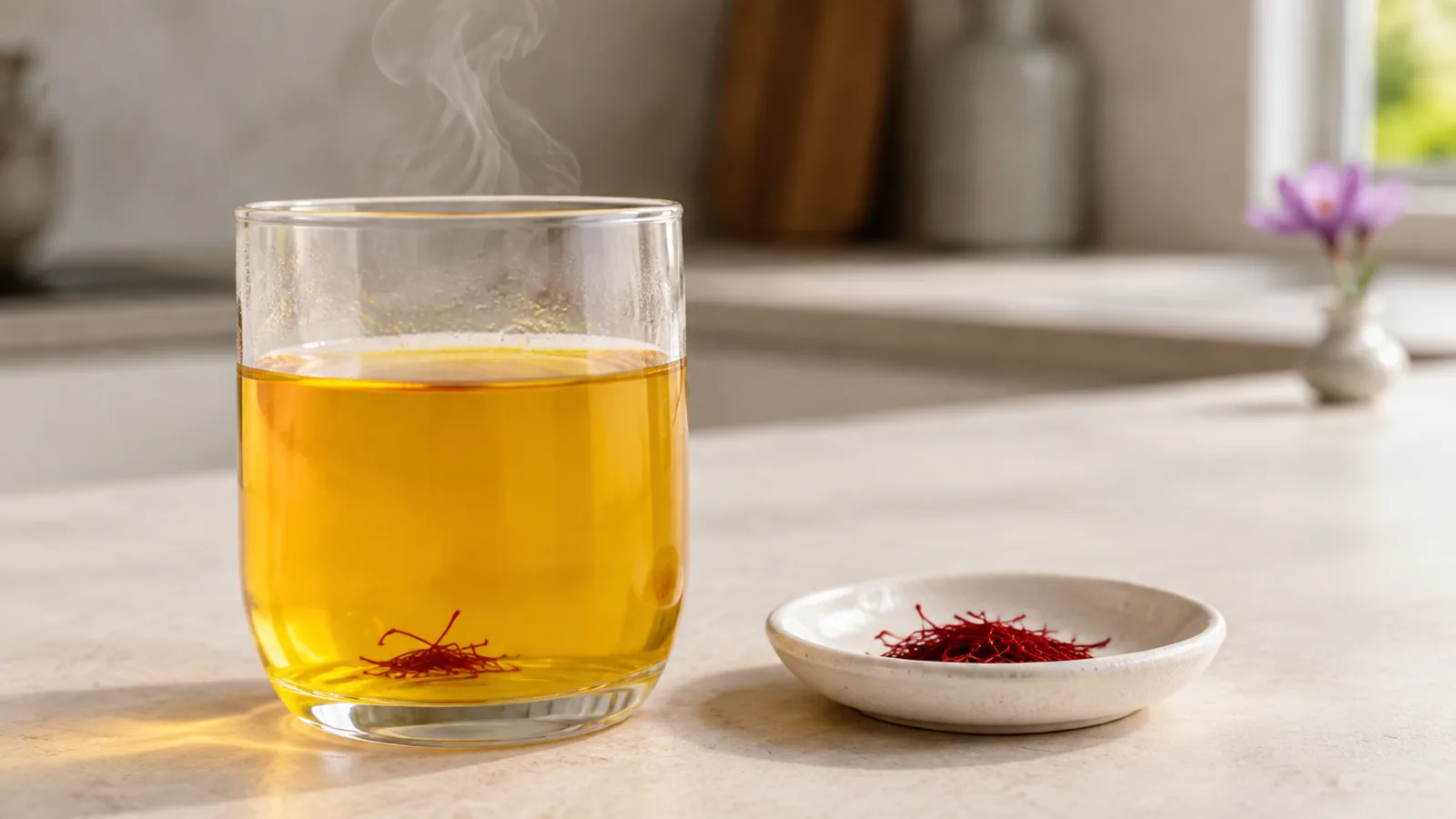 Golden saffron infusion beside a small dish of red threads