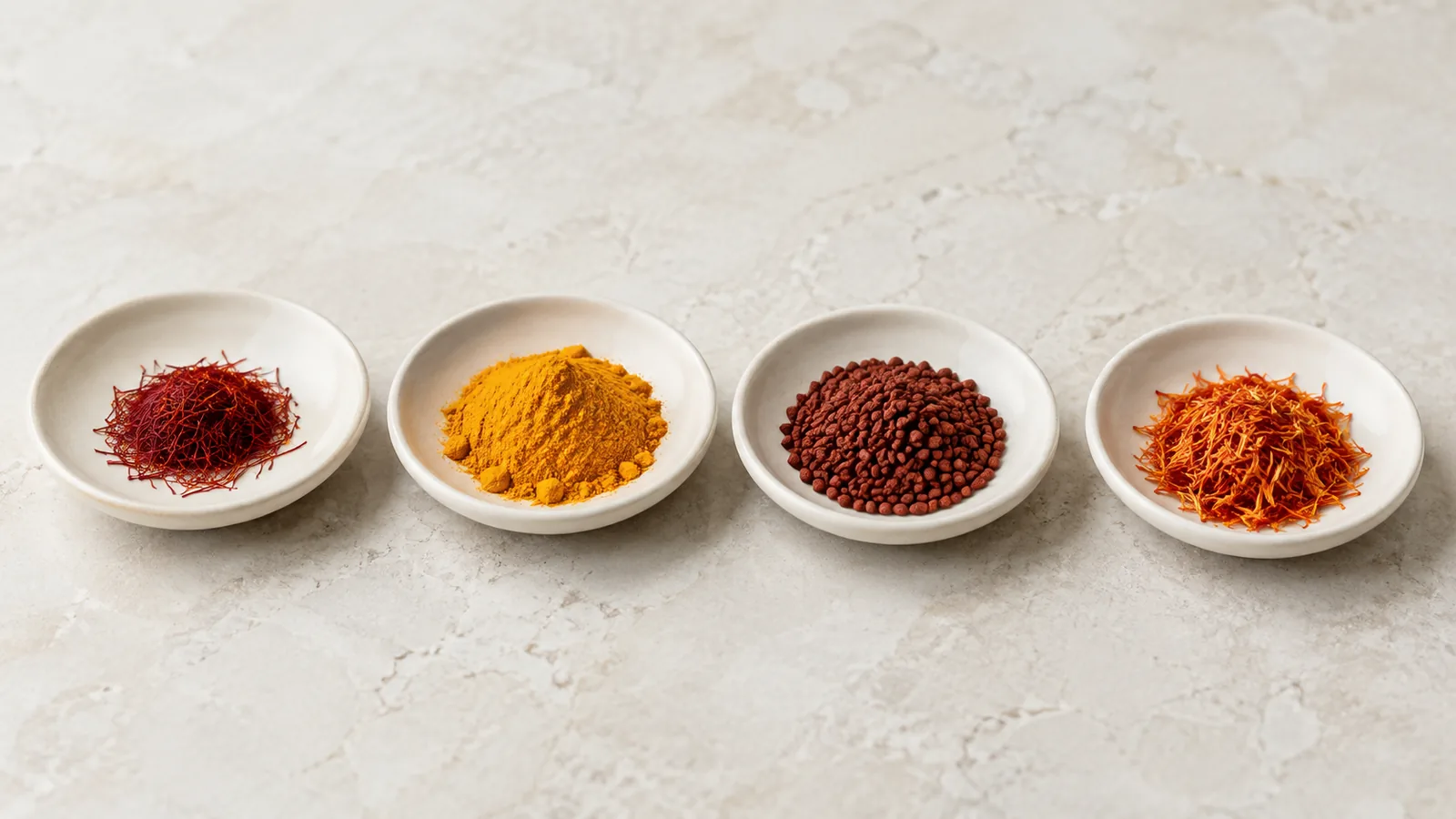 Saffron threads, turmeric, annatto seeds and safflower in separate dishes