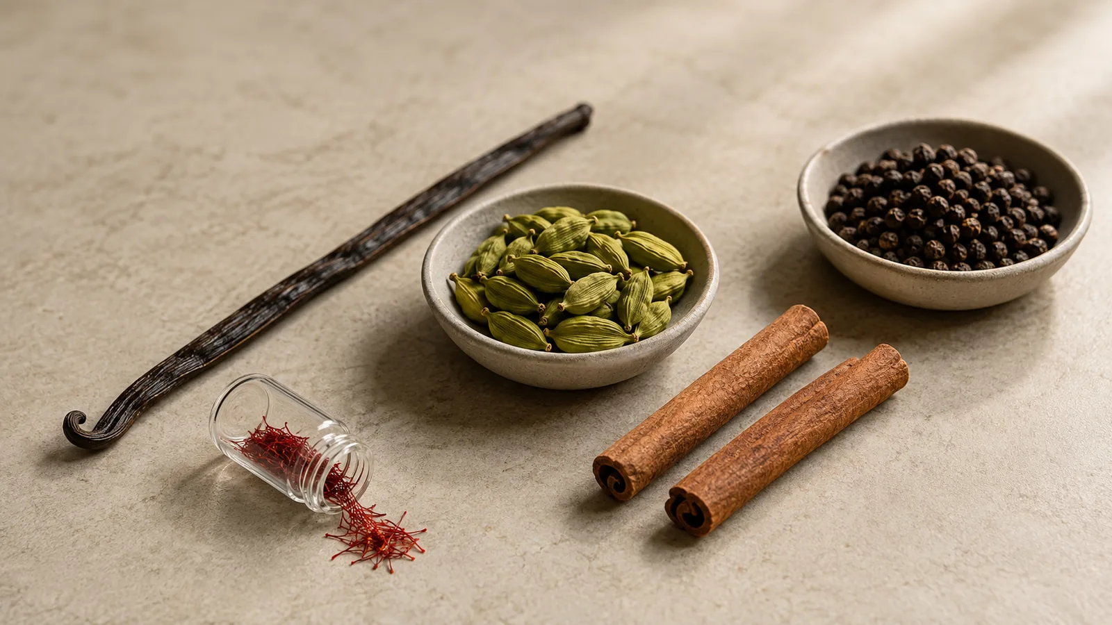 Small saffron sample beside vanilla, cardamom, cinnamon and pepper