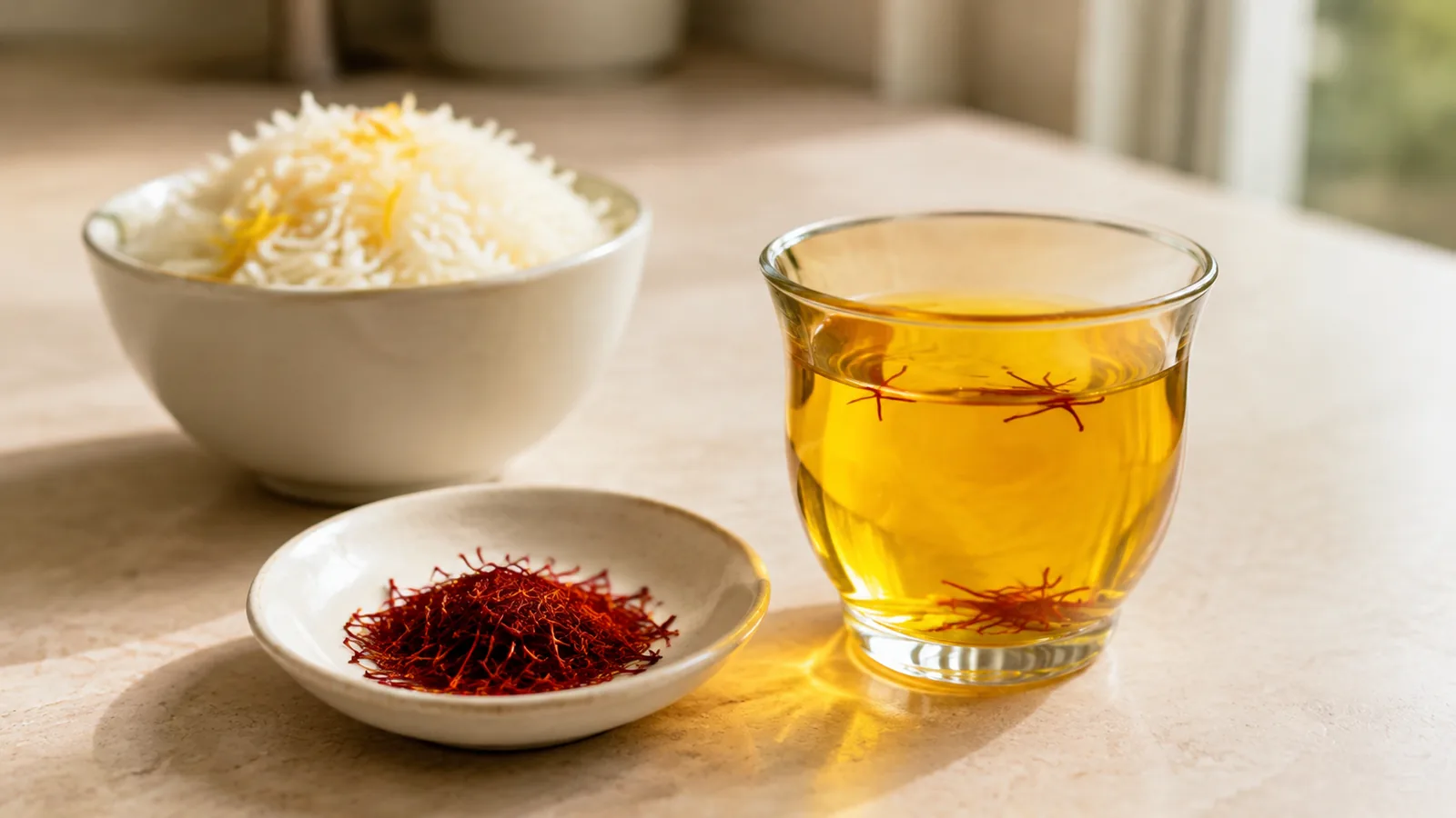 Saffron threads beside a golden infusion and plain rice