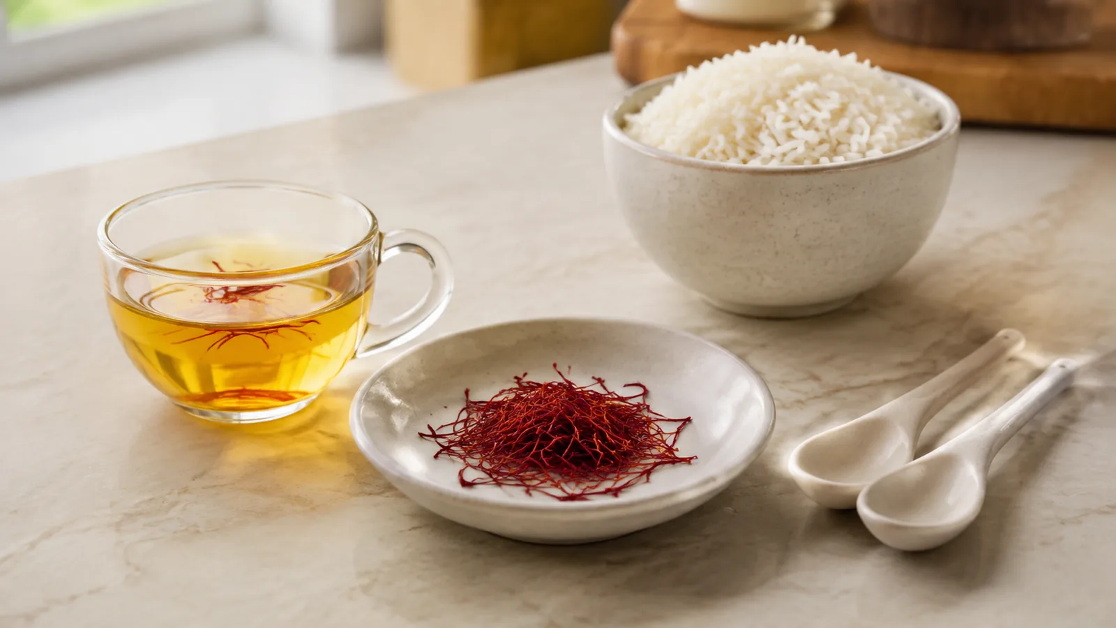 Saffron infusion, threads, tasting spoons and plain rice
