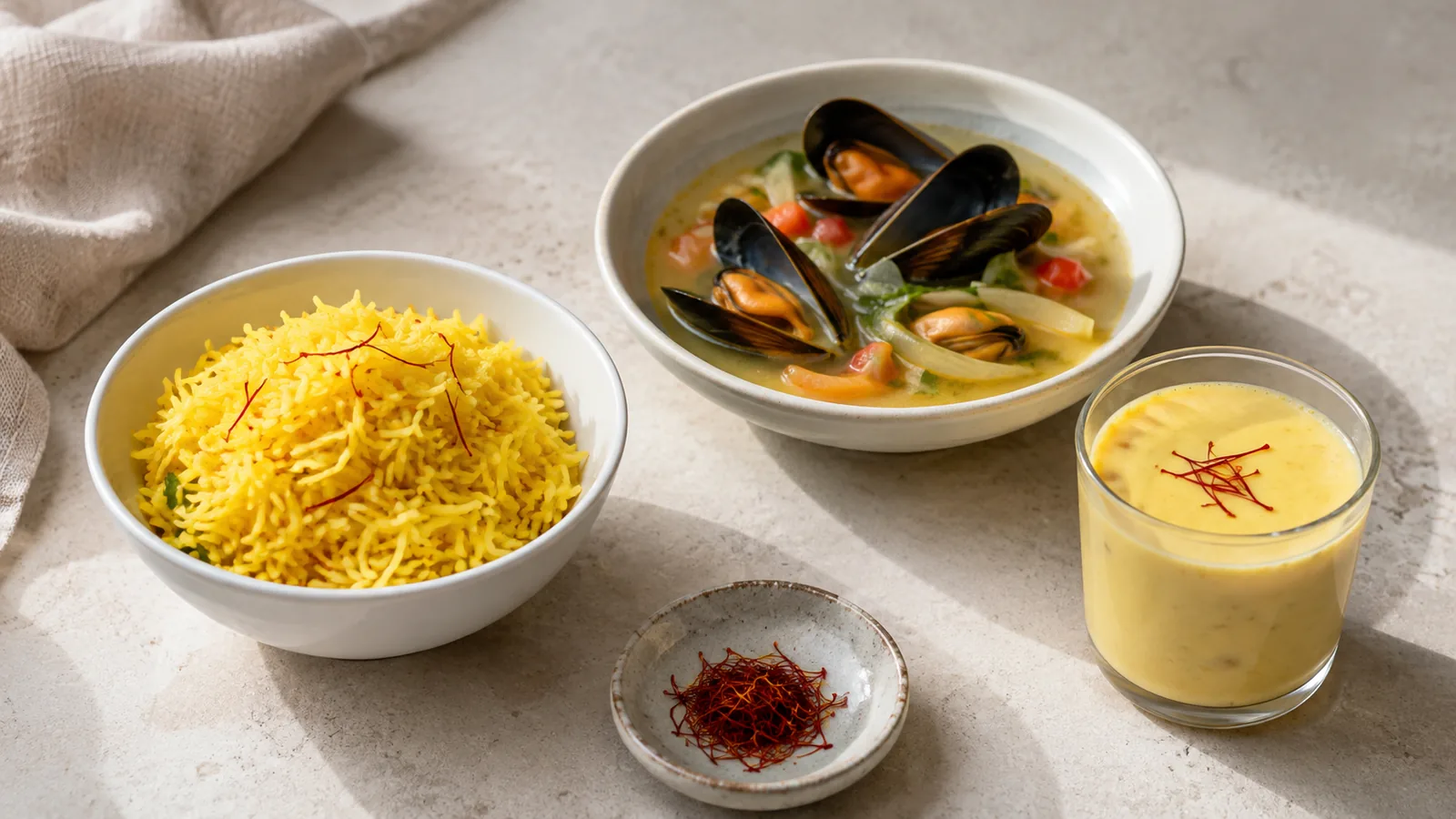 Saffron rice, seafood broth, milk pudding and saffron threads