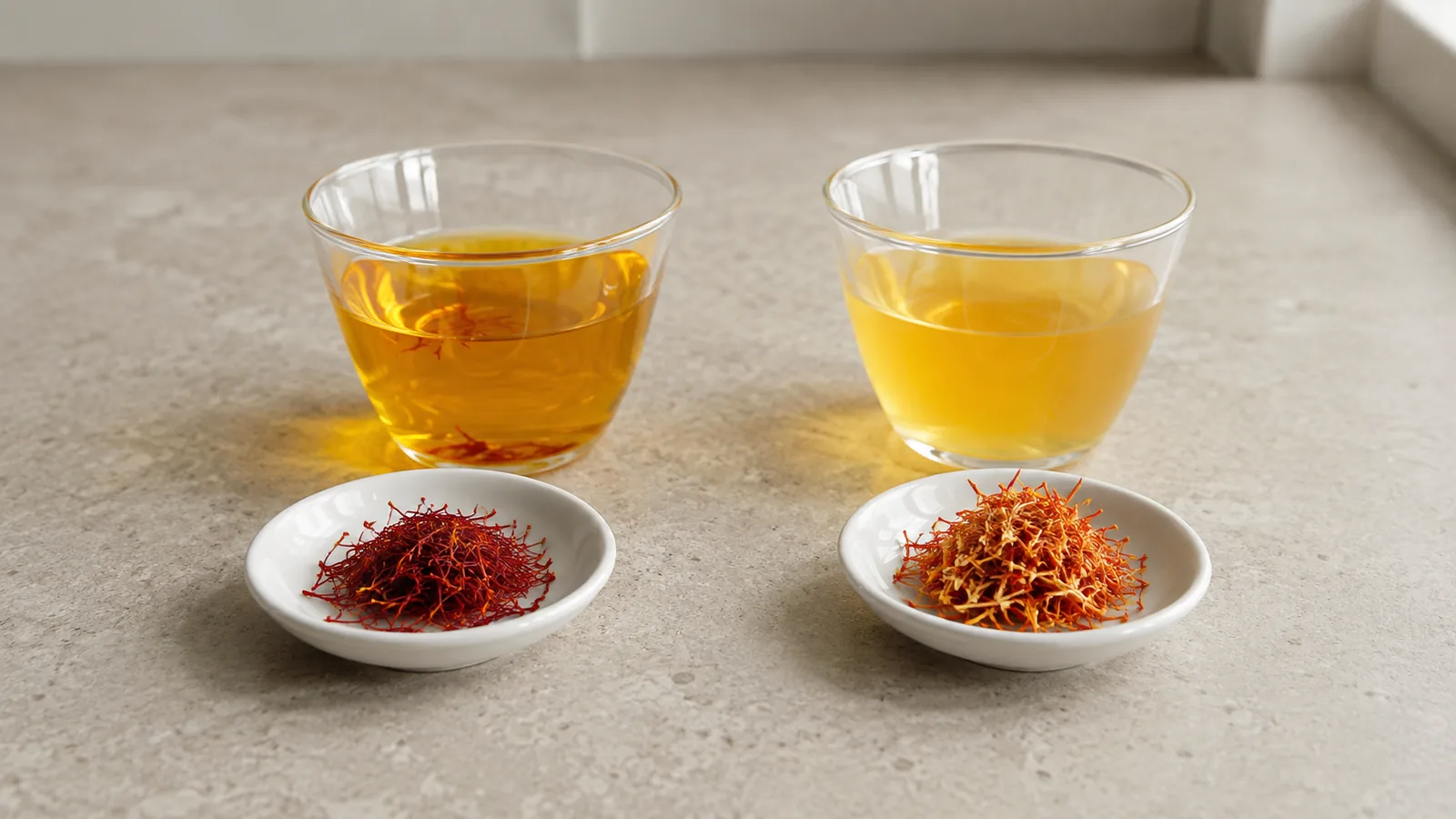 Real saffron threads and look-alike material beside two infusions