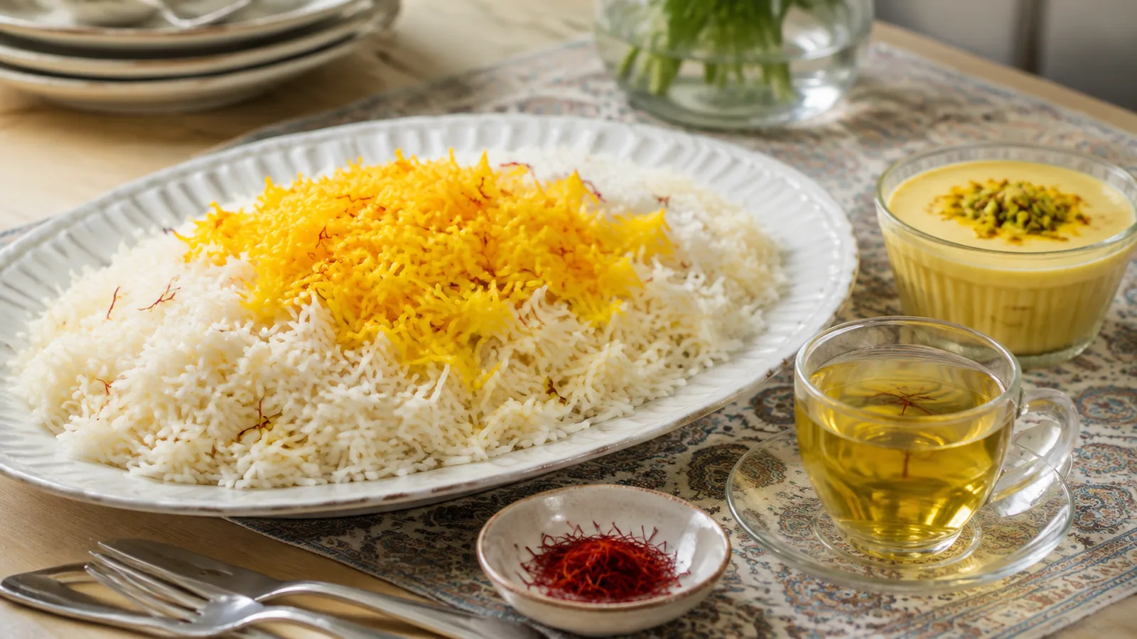 Persian saffron rice, tea, milk pudding and saffron threads