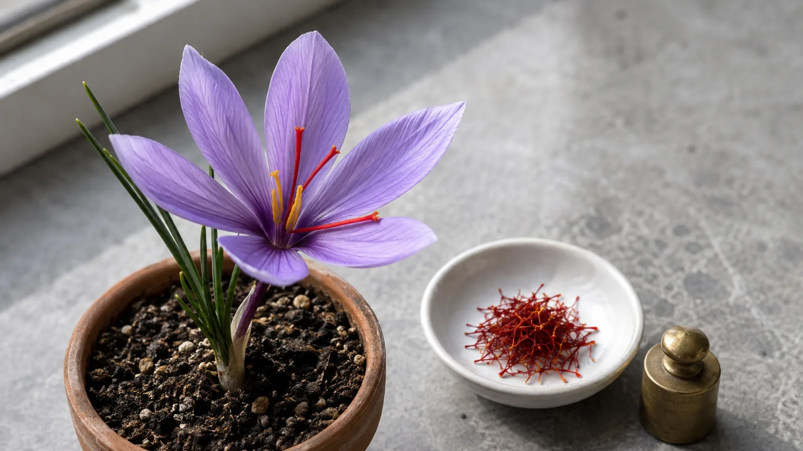 Saffron crocus with three red stigmas beside dried saffron threads