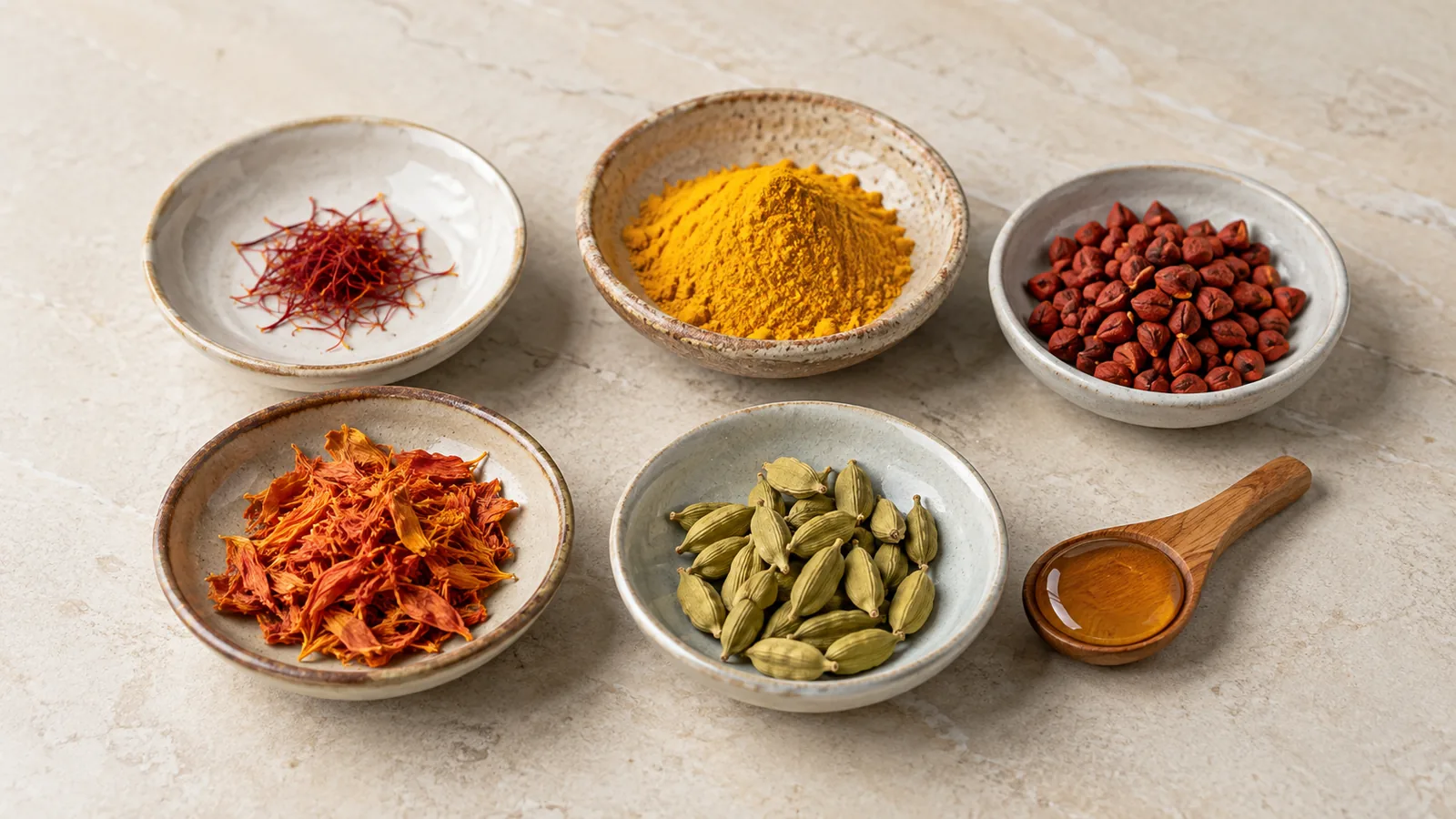 Saffron, turmeric, annatto, safflower, cardamom and honey