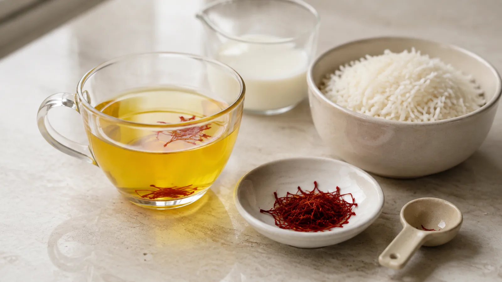 Saffron infusion, measured threads, plain rice and milk
