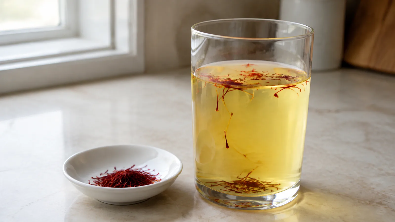 Real saffron threads floating, suspended and sinking in warm water