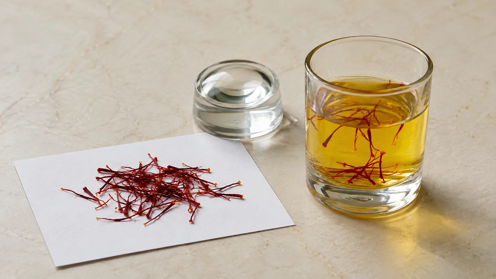 Saffron threads, magnifying loupe and a golden water infusion