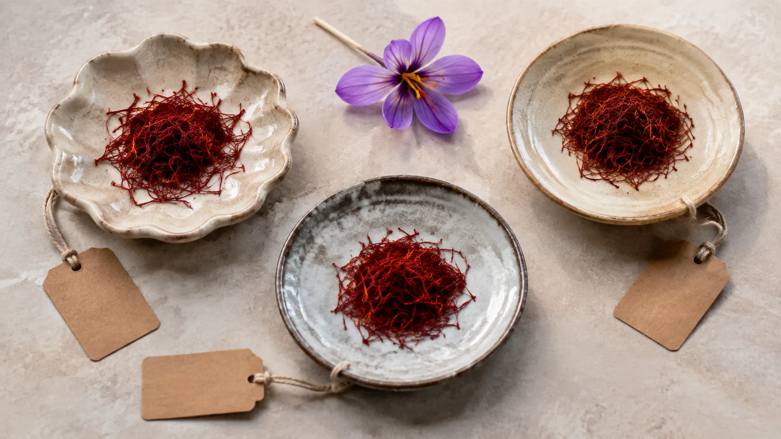 Three dishes of saffron threads with blank provenance tags