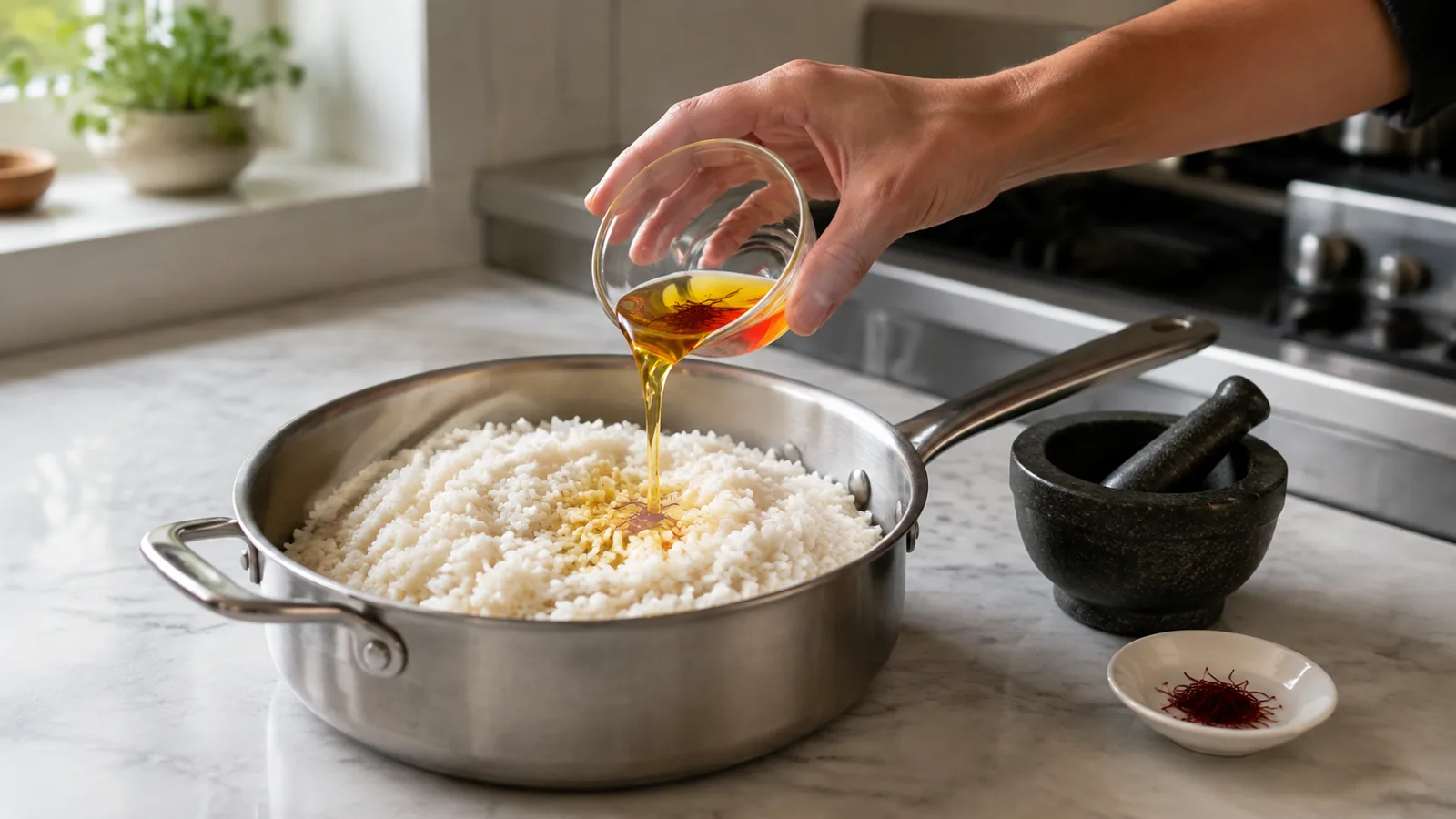 Golden saffron infusion being poured over cooked white rice