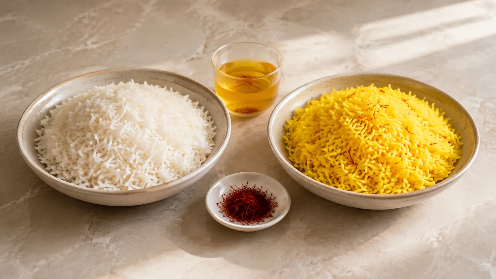 Plain white rice beside golden saffron rice and saffron infusion