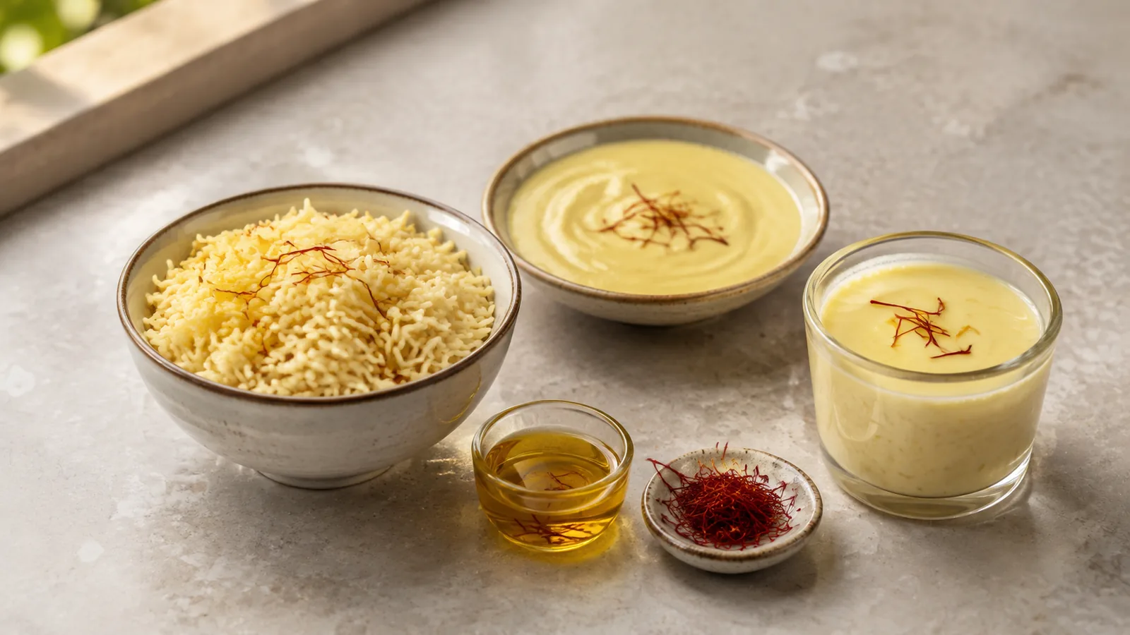 Saffron rice, sauce, custard, infusion and dried threads